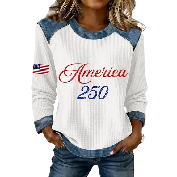 250 Anniversary USA Shirt Women's Print Casual Crewneck Sweatshirt Soft Long Sleeve Pullover for Holiday Celebration Daily Wear White L