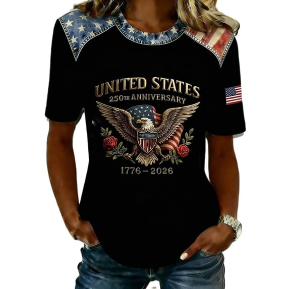250 Anniversary USA Shirt for Women Retro Statue of Liberty Pullover Top Casual Short-Sleeved Patriotic Shirt