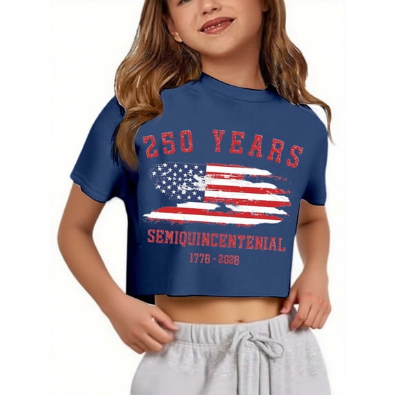 250 Anniversary USA Shirts for Kids Girls USA American Flag Crop Tops 4th of July Patriotic Casual Summer Tee Tops(Blue,13-14 Years)