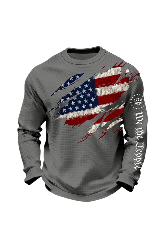 250 Anniversary USA Shirts for Men Waffle Shirt Casual Crewneck Long Sleeve Tops American Flag Graphic Tshirt Gray S
