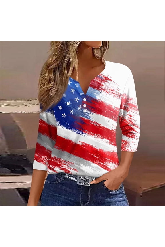 250 Anniversary USA Shirts for Women Freedom Shirt American Flag Graphic Tees 3/4 Sleeve Casual Henley V Neck Tshirt