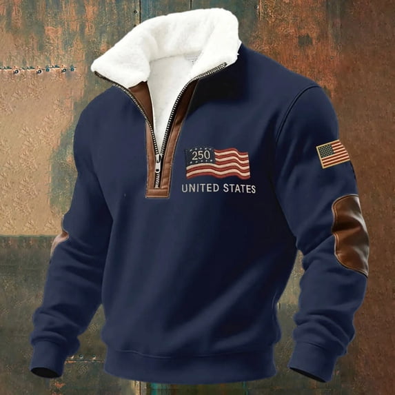 250 Anniversary USA Sweatshirt Men American Flag Collar 1/4 Zipper Sweatshirt Long Sleeve 1776-2026 250th Anniversary Shirt