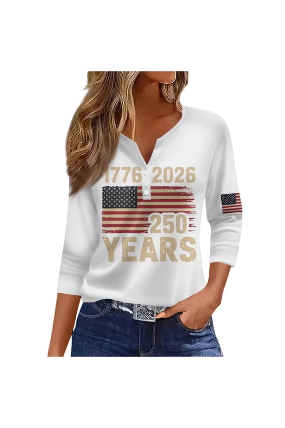 250 Anniversary USA V Neck Henley Shirt Women American Flag 3/4 Sleeve Button Down Casual Patriotic Tops