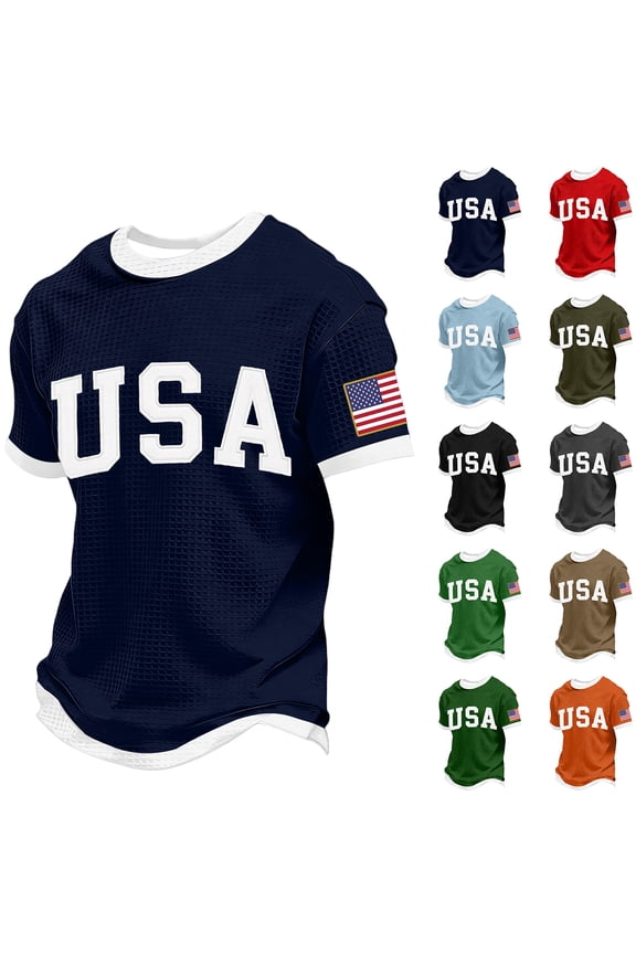 250 Anniversary USA Waffle T Shirt Patriotic Men Shirts Crewneck Short Sleeve Tshirts 1776 - 2026 Shirt Retro 250th Anniversary America Birthday Mens Top Navy M