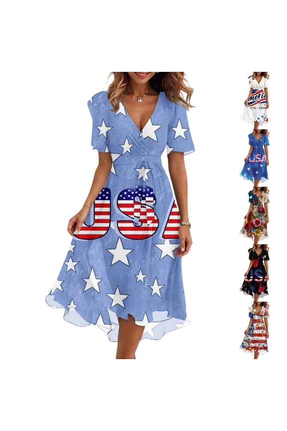 250 Anniversary USA Women's Patriotic V Neck Wrap Dress with USA Stars and Stripes Print, Short Sleeve Tie Waist Summer Beach Casual Midi Skirt White XXL