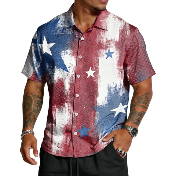 250 Anniversary Usa Button Down Shirts Men Usa Flag Print Lapel Collar Short Sleeve T-Shirt Independence Day Patriotic Star Classic Fit Comfy Tops, S, #01 Royal Blue