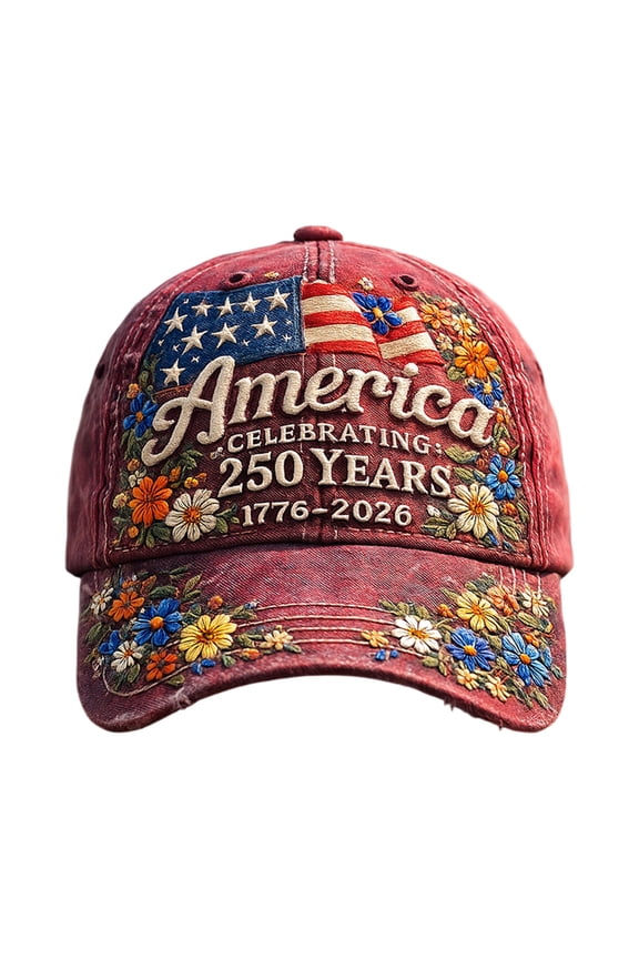 250 Anniversary Usa Hat Distressed Denim Baseball Cap with Embroidered American Flag 250Th Anniversary Lettering and Decorative Rose Stitching E