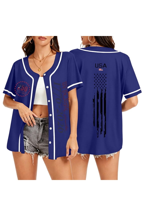 250 Anniversary Usa Jersey Shirts for Woman V Neck Short Sleeve Red Blue and White Usa Flag Jerseys Stars & Stripes Button Down Shirts for Fourth Of July,