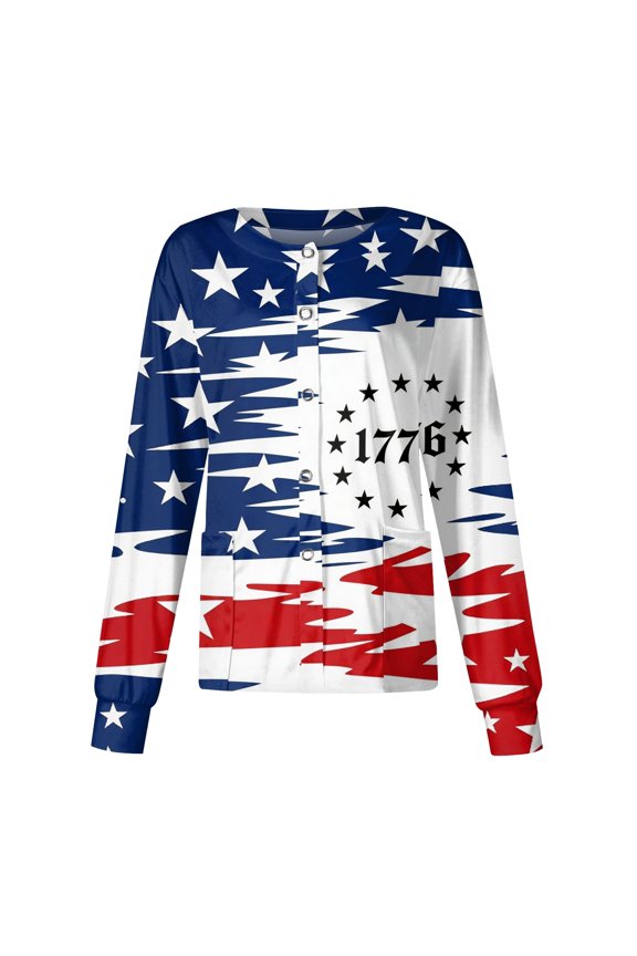 250 Anniversary Usa Scrub Tops for Women American Flag Print Independence Day Patriotic Star V Neck Tops Long Sleeve Classic Fit Quick Dry Nursing Uniforms with Pockets, #01 White, S