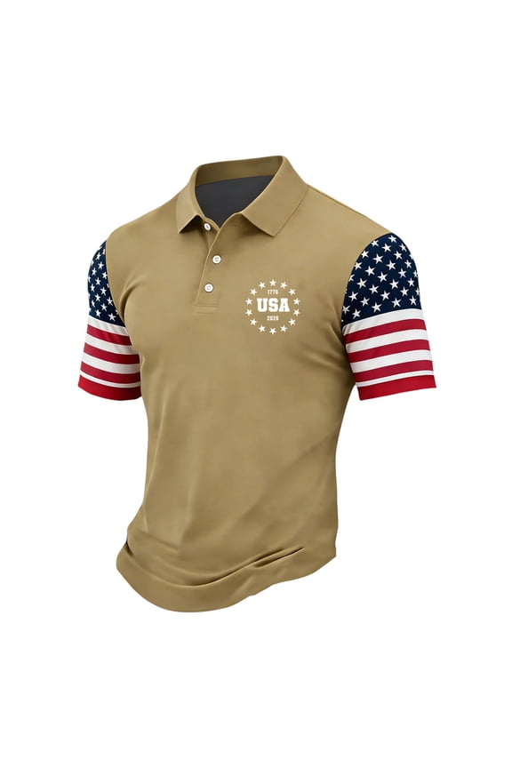 250 Anniversary Usa Shirt Men American Flag Print Collared Short Sleeve Button-Down Color Block Polo Shirt United States Lightweight Classic Fit Soft T Shirts, Khaki, #01 Khaki