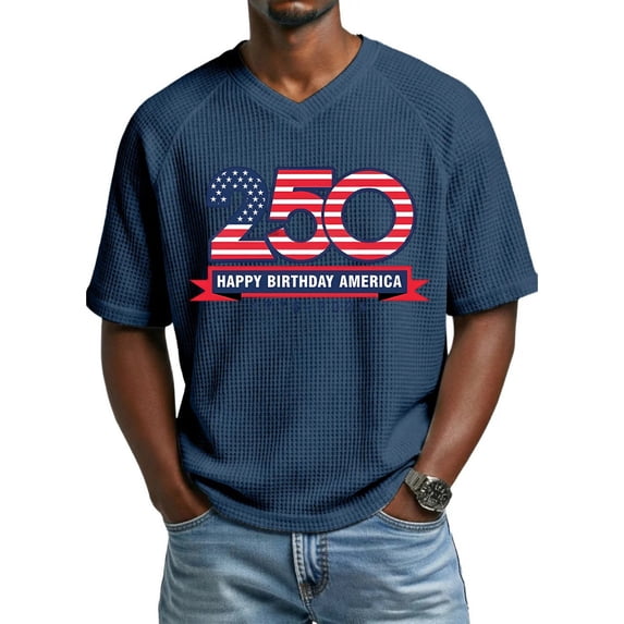 250 Anniversary Usa Shirt Men American Flag Print Short Sleeve Crew Neck Waffle Tops Patriotic Big and Tall Regular Fit Casual Breathable Muscle Tops, Navy, #01 Navy
