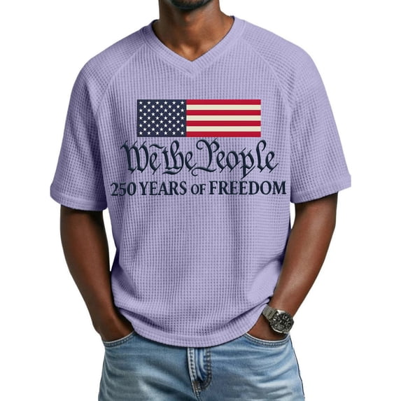 250 Anniversary Usa Shirt for Men Patriotic Independence Day Shirts Waffle Short Sleeve 1776 - 2026 T Shirts V Neck Loose We the People Tees Purple 2XL