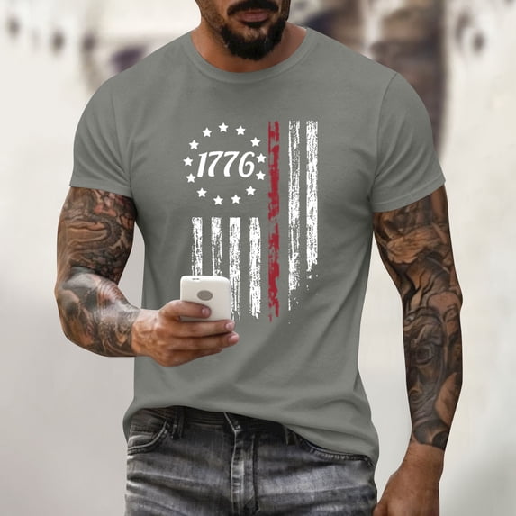 250 Anniversary Usa Shirt Men Patriotic Star American Flag Print Crew Neck Short Sleeve Tops Muscle Relaxed Fit Soft Summer Muscle Tops, Dark Gray, #01 Dark Gray