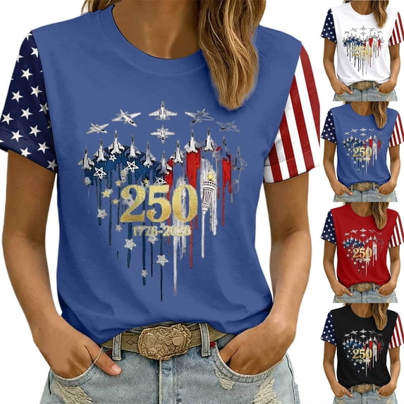 250 Anniversary Usa Shirt Summer Tops for Women Graphic Tees Stylish Printed Short Sleeve Round Neck Comfortable Casual Daily Everyday Wear Black