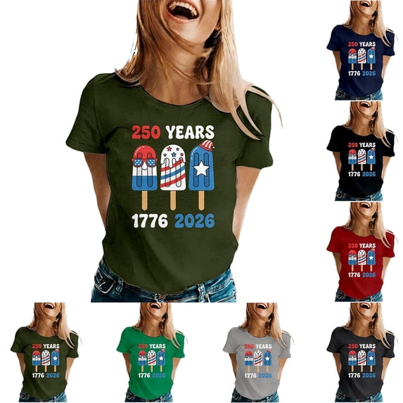 250 Anniversary Usa Shirt Summer Tops for Women Graphic Tees Stylish Printed Short Sleeve Round Neck Comfortable Casual Daily Everyday Wear Navy