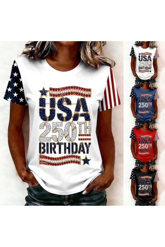 250 Anniversary Usa Shirt Summer Tops for Women Graphic Tees Stylish Printed Short Sleeve Round Neck Comfortable Casual Daily Everyday Wear