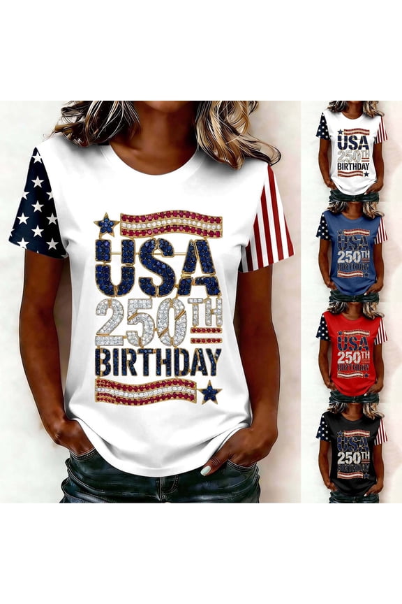 250 Anniversary Usa Shirt Summer Tops for Women Graphic Tees Stylish Printed Short Sleeve Round Neck Comfortable Casual Daily Everyday Wear