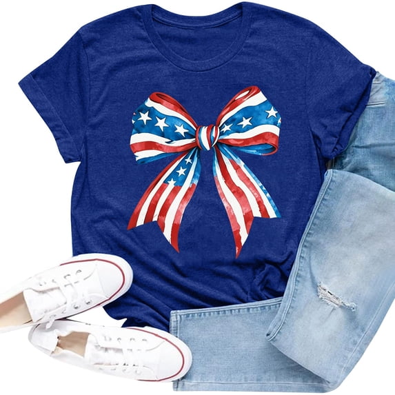 250 Anniversary Usa Shirt Women Lady Bow Tie Patriotic Pattern Round Neck T Shirt