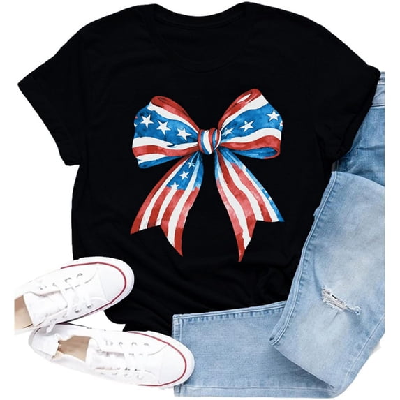 250 Anniversary Usa Shirt Women Lady Bow Tie Patriotic Pattern Round Neck T Shirt