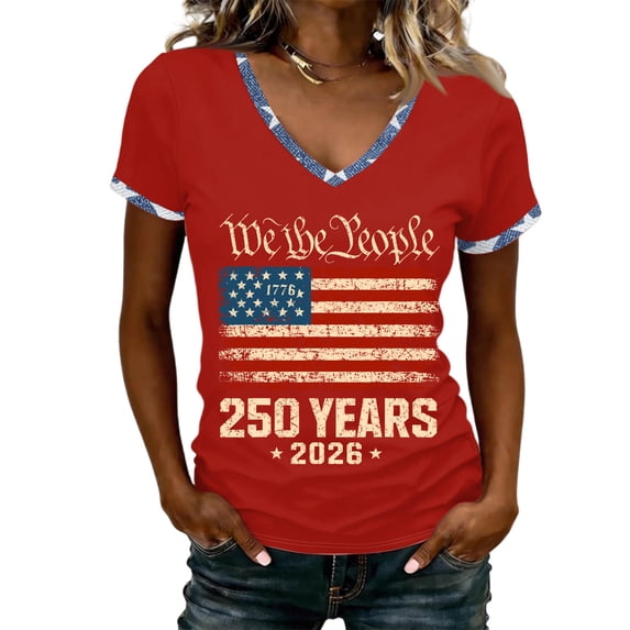250 Anniversary Usa Shirt Women Red White Blue Patriotic Star Print V-Neck Comfy Tees Vintage Regular Fit Soft Spring Casual T-Shirts,XL,#07 Red