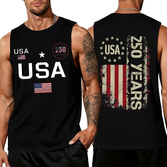 250 Anniversary Usa Shirts for Men Usa Independence Day 4th Of July Tank Tops American Flag Graphic Sleeveless Patriotic Tee We the People Crew-Neck Tops,Black 3XL