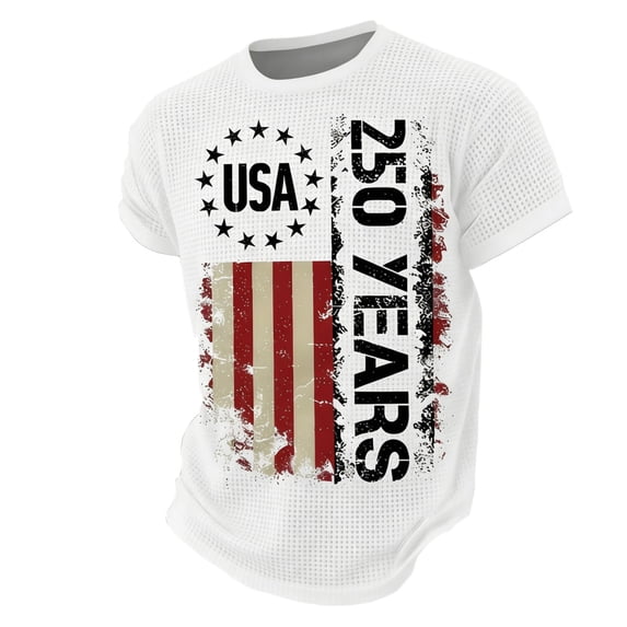 250 Anniversary Usa T Shirt for Men American Flag Print Short Sleeve Crew Neck Waffle Tees Letter Print Muscle Classic Fit Summer Workout T Shirts, White, #01 White