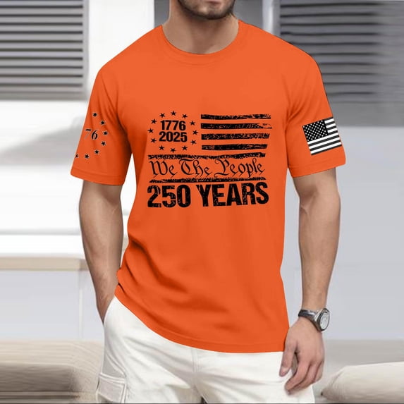 250 Anniversary Usa T Shirt for Men Independence Day American Flag Print Short Sleeve Crew Neck Tops Muscle Relaxed Fit Casual Breathable Shirts, Orange, #01 Orange