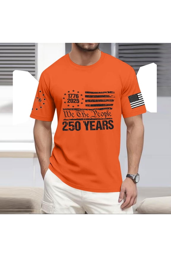250 Anniversary Usa T Shirt for Men United States American Flag Print Crew Neck Short Sleeve Muscle Tops Muscle Regular Fit Home Wear Breathable Shirts, Orange, #01 Orange