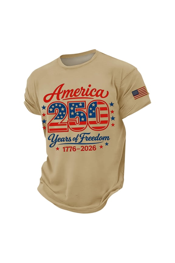 250 Anniversary Usa T Shirt for Men United States Usa Flag Print Short Sleeve Crew Neck Tshirt Big and Tall Regular Fit Breathable Beach Vacation Tees, Khaki, #01 Khaki