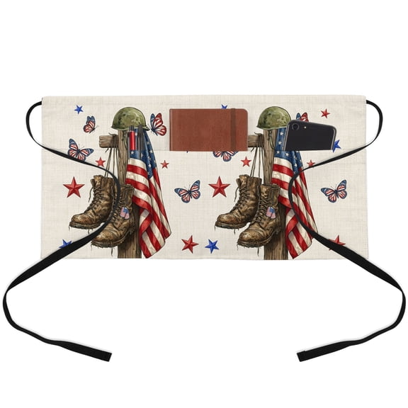250 Anniversary Waitress Apron with 3 Pockets, Military American Flag Memorial Butterfly Server Aprons Waterproof Kitchen Restaurant Half Waist Apron for Men Women