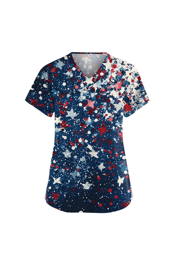 250 Anniversary Womens Scrubs Top Short Sleeves National Flag Print Nurse Working Uniform 4th of July Patriotic Scrub Tops with Pockets