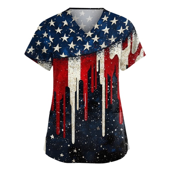 250 Anniversary Womens Scrubs Top Short Sleeves National Flag Print Nurse Working Uniform 4th of July Patriotic Scrub Tops with Pockets
