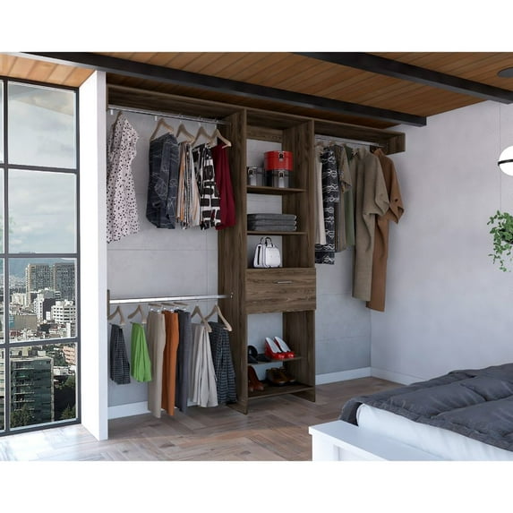 250 Closet For Bedroom - Dark Walnut, Five Open Shelves, One Drawer, Three Metal Rods 卧室存 Walnut System Modern Ingenuity