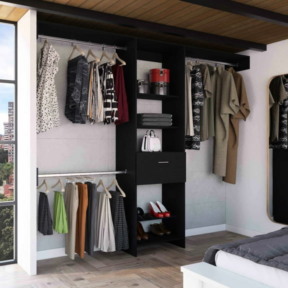 250 Closet System, Black - 5 Open Shelves, 1 Drawer, 3 Metal Rods For Bedroom, System Noticeable