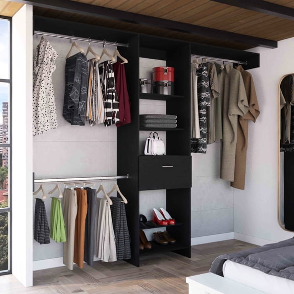 250 Closet System For Bedroom - Black, With Five Open Shelves, One Drawer, 3 Metal Rods, Attractive Feature In Black 5 1 Style