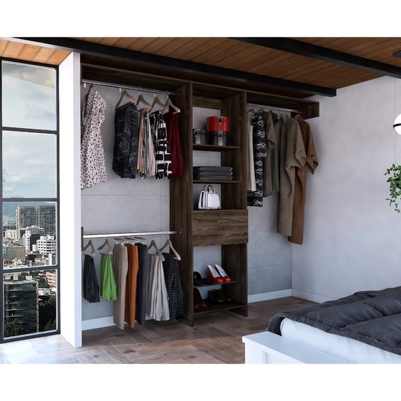 250 Closet System In Dark Walnut For Bedroom - Five Open Shelves, One Drawer, Three Metal Rods Modern Style Storage Unit