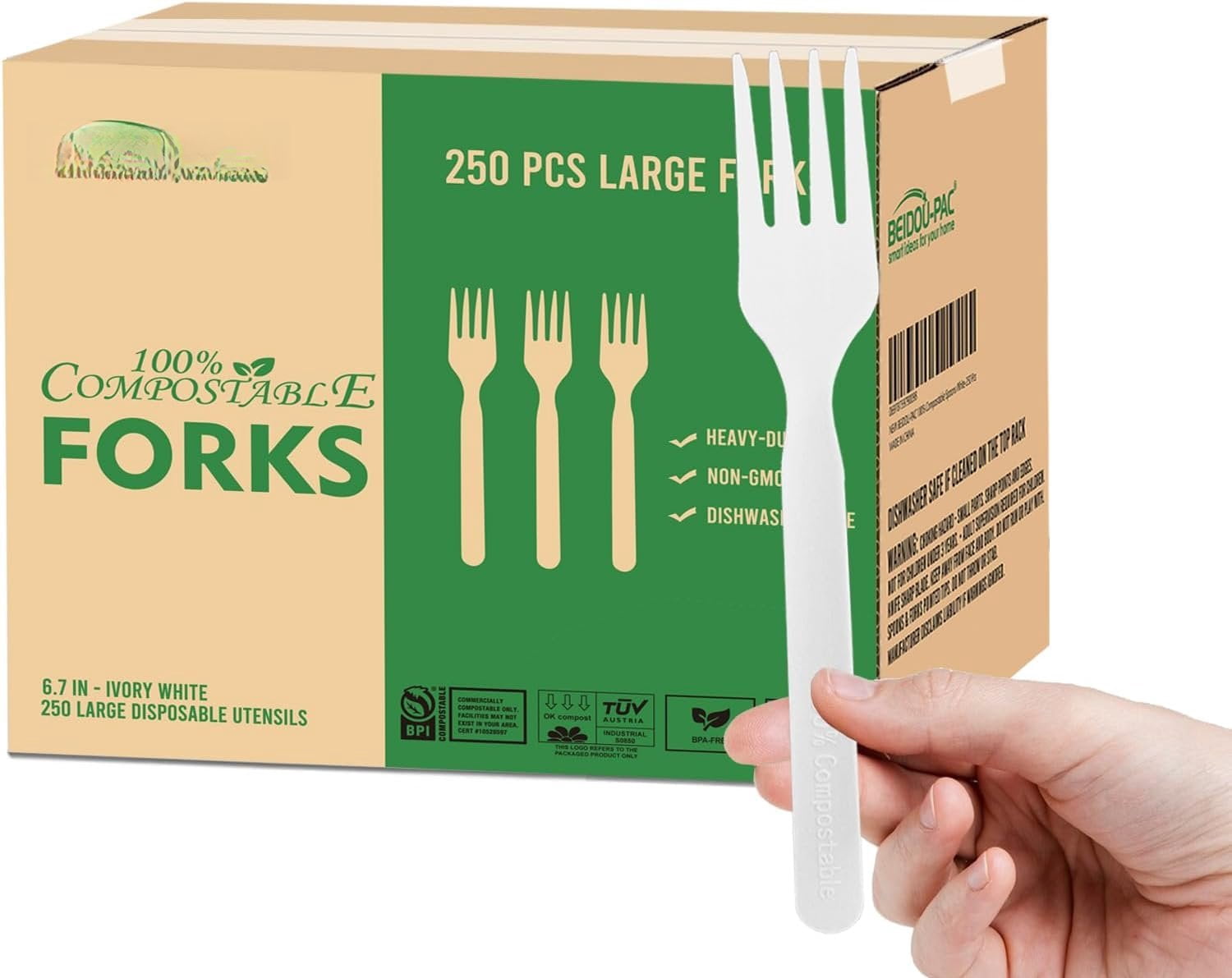 250 Count Disposable Non Forks, Large Biodegradable Utensils, Durable ...