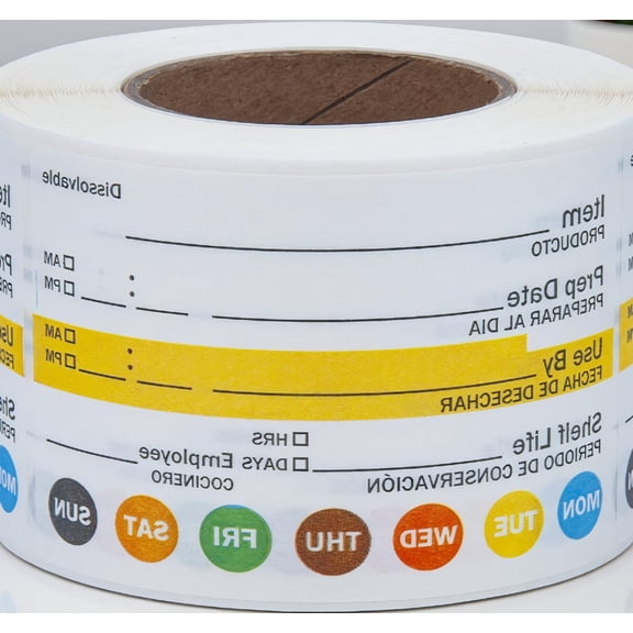 250 Count Dissolvable Shelf Life Labels, 2 x 3 Inch Food Rotation Use By Date Stickers, Roll, Fits Glass, Plastic, Metal