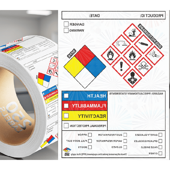 250-Count SDS Label Stickers, 4 x 3 Inch GHS Hazard Labels with Pictograms, Perforated Roll for Secondary Containers