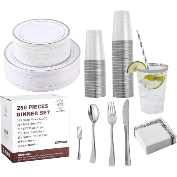 250 Count Silver Disposable Plastic Dinnerware Set, 50 Silver Plates, 25 Plastic Silverware, 25 Cups and Straws, 50 Napkins, Perfect for Wedding Party