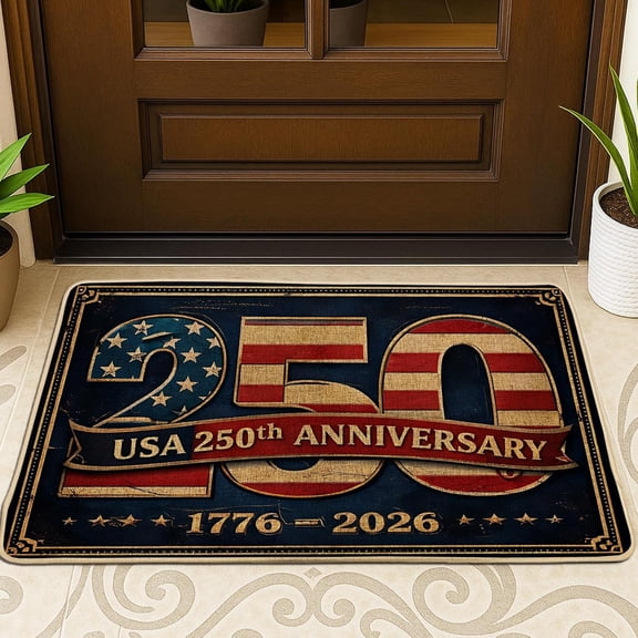 250 Door Mat, Patriotic Vintage USA Anniversary Anniversary Red Non-Slip Dirt Trapper Doormats for Floor for House Office Outside Inside Entrance Decor 29x17 Inch