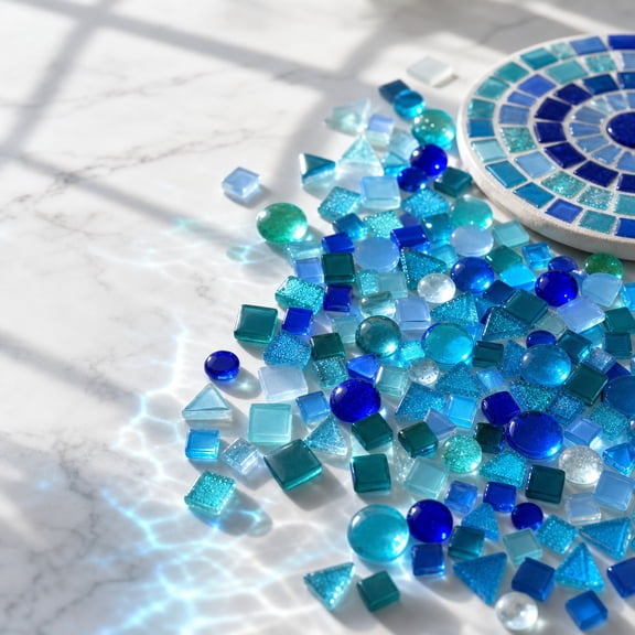 250 G/Bag Mixed Shapes Blue Glass,Glitter Crystal Glass Mosaic Tiles,Irregular Mini Mosaic Glass,Various Blue Glass Blocks,Mosaic Tiles Pieces for Making Craft,Home Decor (Blue)