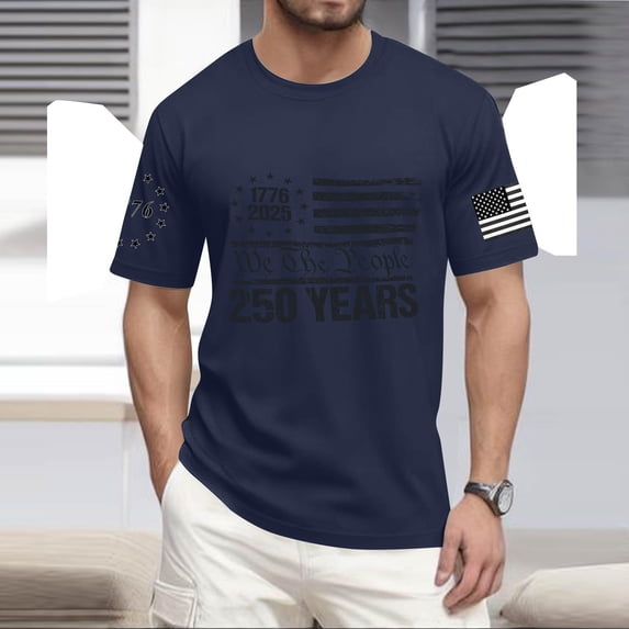 250 Men Shirt 1776-2026 Usa Flag Print Crew Neck Short Sleeve T Shirts Muscle Classic Fit Home Wear Summer Tops, Navy, #01 Navy