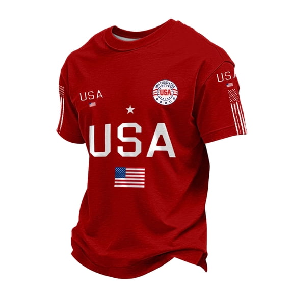 250 Men Shirt 4th Of July American Flag Print Short Sleeve Crew Neck Muscle Tops Moisture Wicking Relaxed Fit Casual Comfy Shirts, Red, #01 Red