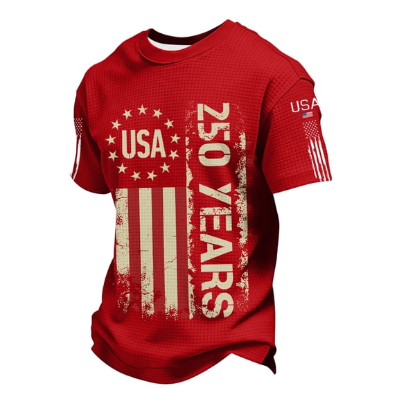 250 Men Shirt Usa Flag Print Short Sleeve Waffle Crew Neck T-Shirt Independence Day Muscle Classic Fit Workout Casual Tops, Red, #01 Red