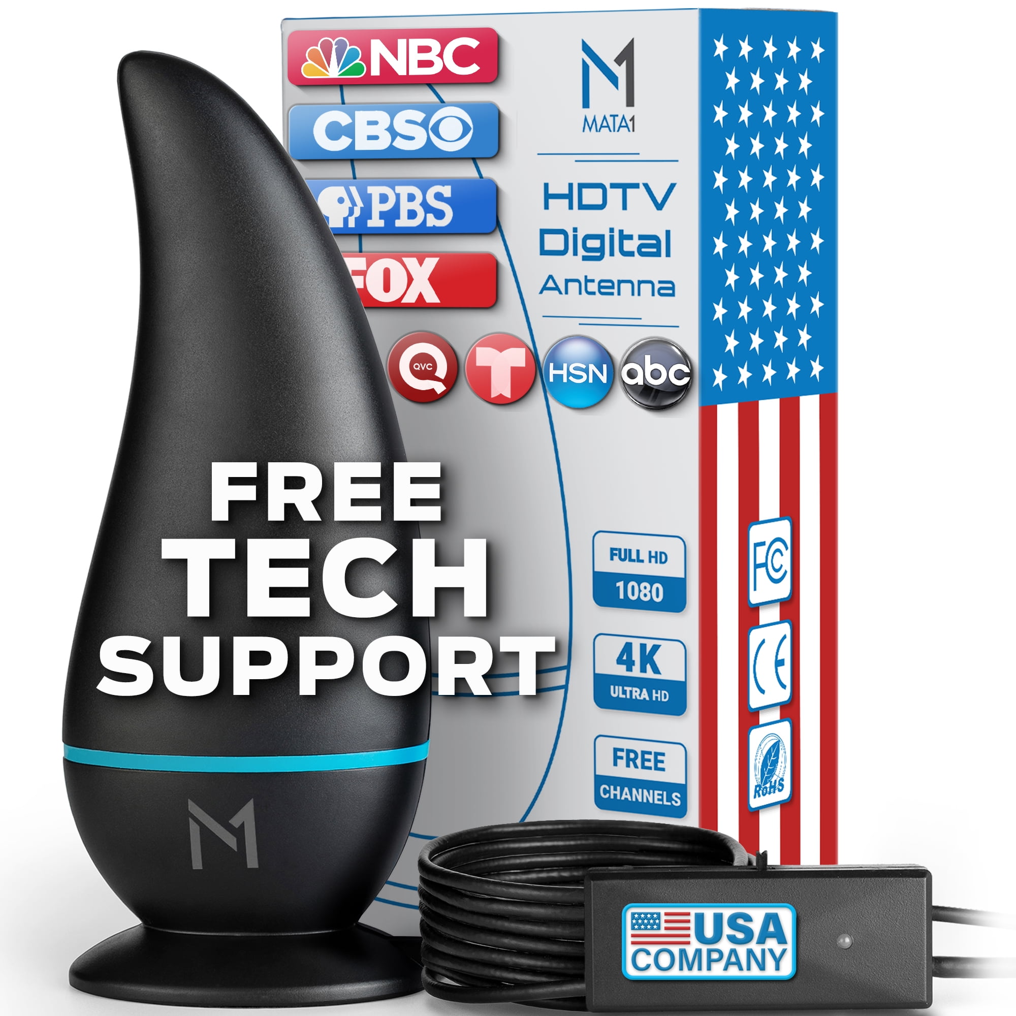 250 Mile Range 5G Signal Reception Digital HD TV Indoor Antenna [Early Release 2025 Chipset], Smart TV Amplifier with 16.4 ft Coax Cable + Built-In Magnetic Base by Mata1-USA