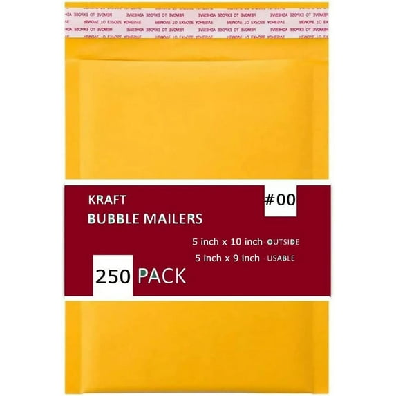 250 PC #00 5x10 Inches Pack Kraft Bubble Mailers Yellow Shipping Padded Envelopes Self Seal Waterproof Cushion, 5''x10''