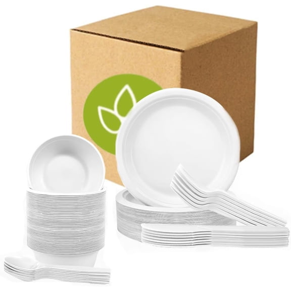 250 PCS Compostable Paper Plates and Utensils Set, Microwaveable Disposable Dinnerware Includes Plates, Bowls, Forks, Knives and Spoons, 50 Sets Each, Extra Long