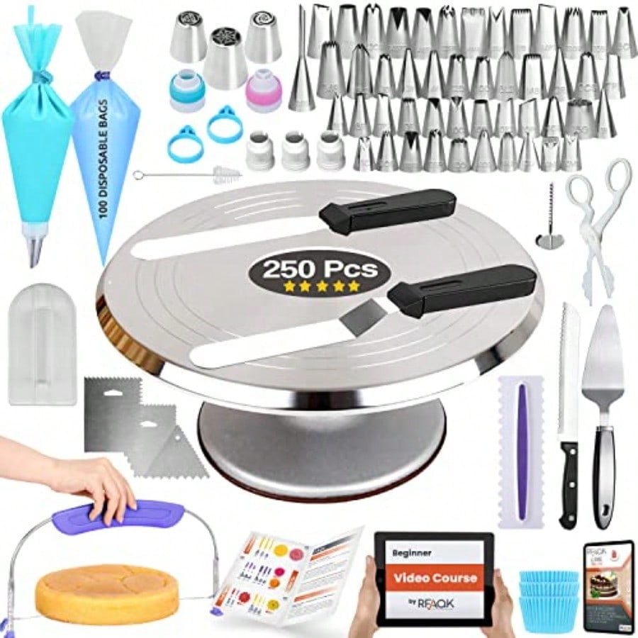 250 PCs Aluminum Cake Decorating Tools Kit with 12" Metal Turntable and Knife set-48 Numbered Icing Tips-3 Russian Piping Nozzles-Straight and Angled Spatula-Cake Levelerand Baking Supplies Tools