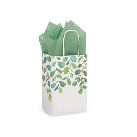 250 PK, Watercolor Greenery Paper Shopping Bags, Rose 5.25 x 3.5 x 8.25" For Party, Holiday & Event, Made In USA